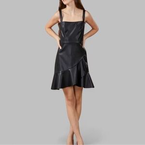 BCBGENERATION-Women's Faux-Leather Flounce-Hem Mini Dress-XS-black Retail $128